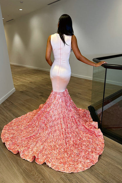 Crew Neck Sequins Sleeveless Flower Mermaid Princess Prom Dress