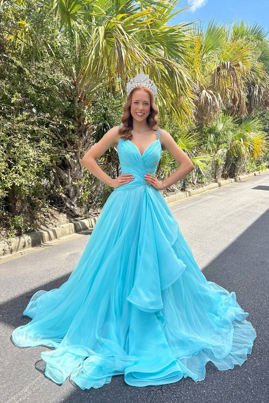 Gorgeous A Line V Neck Aqua Chiffon Long Prom Dress