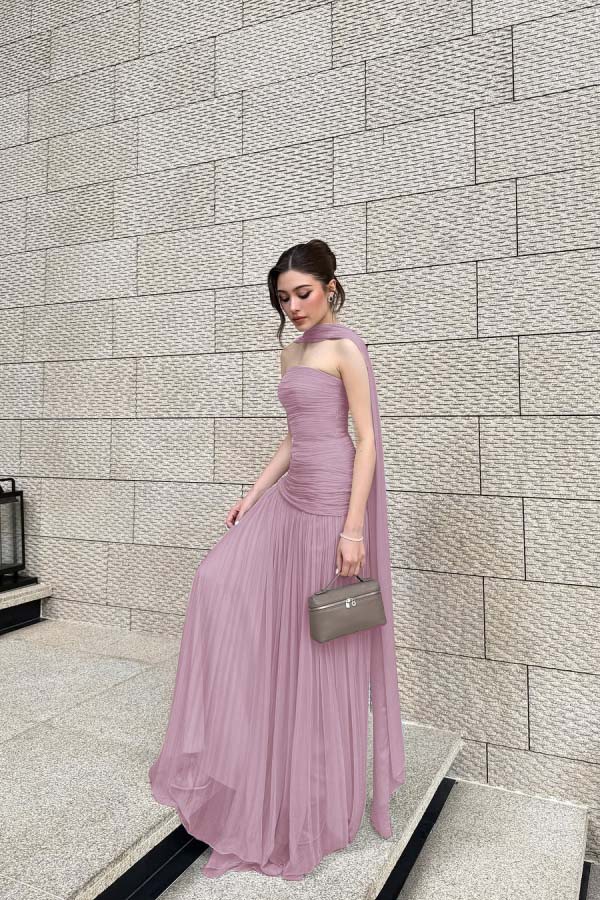 Chiffon Strapless Sleeveless Long Pleated A-Line Prom Dress With Ruffles