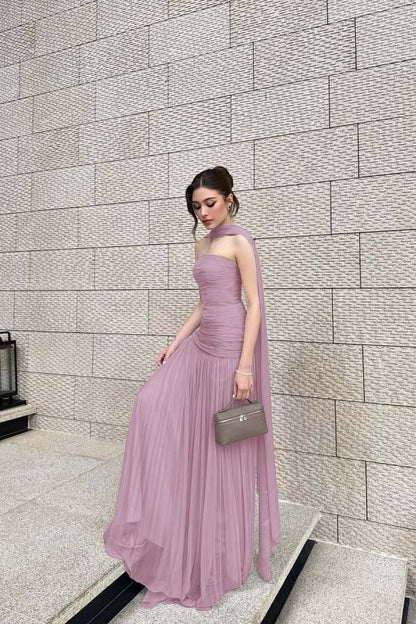 Chiffon Strapless Sleeveless Long Pleated A-Line Prom Dress With Ruffles