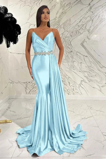 Elegant Red Spaghetti-Straps Deep V-Neck Mermaid Evening Dress With Belt Ruffles ED0472