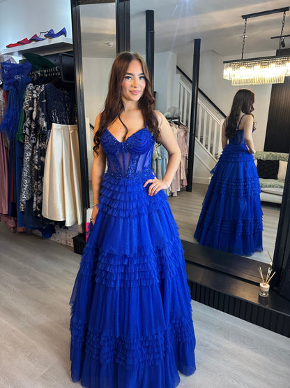 Spaghetti Straps V-Neck Corset Tulle Prom Dress