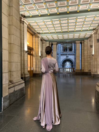 Purple Bateau Neck Long Sleves Back Zipper Formal Evening Gown