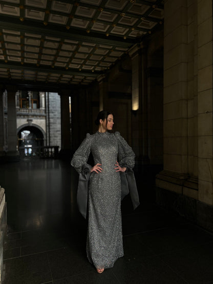 Grey Column Long Sleeves High Neck Bowknot Stunning Evening Gown