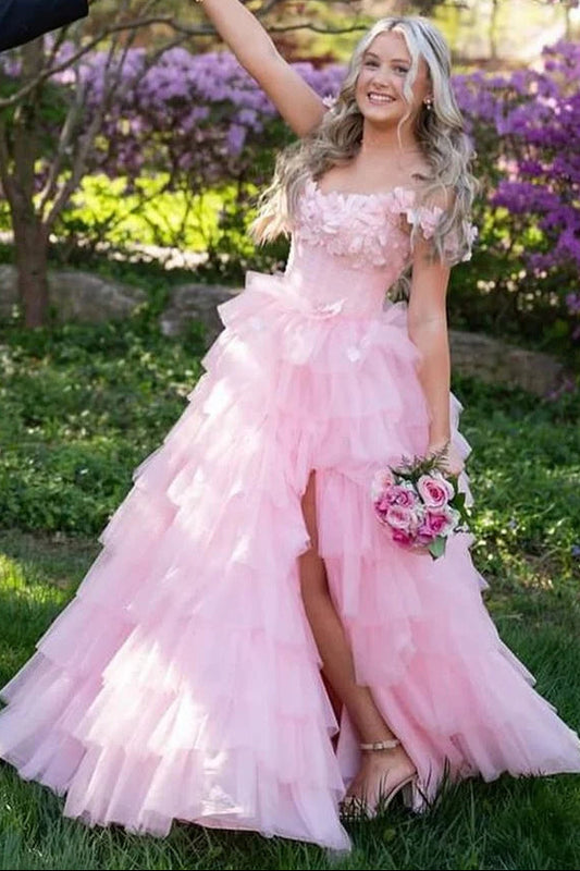 Off the Shoulder 3D Flowers Layers Cake Dress