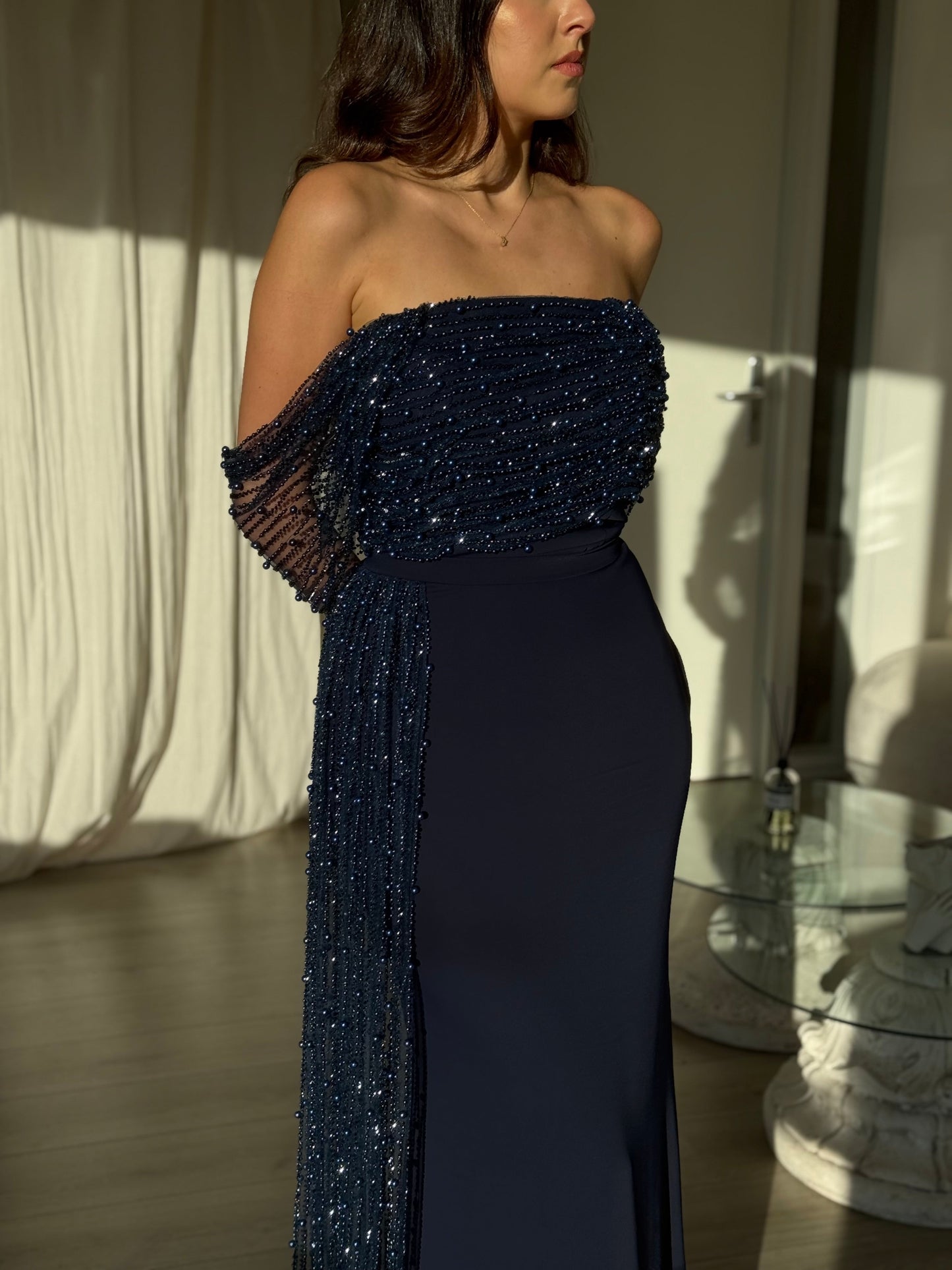 Navy Blue Off-the-Shoulder Sequin Evening Gown