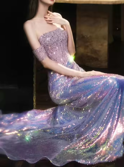 Glitter Off Shoulder Beaded Sequin Mermaid Prom Formal Evening Gown