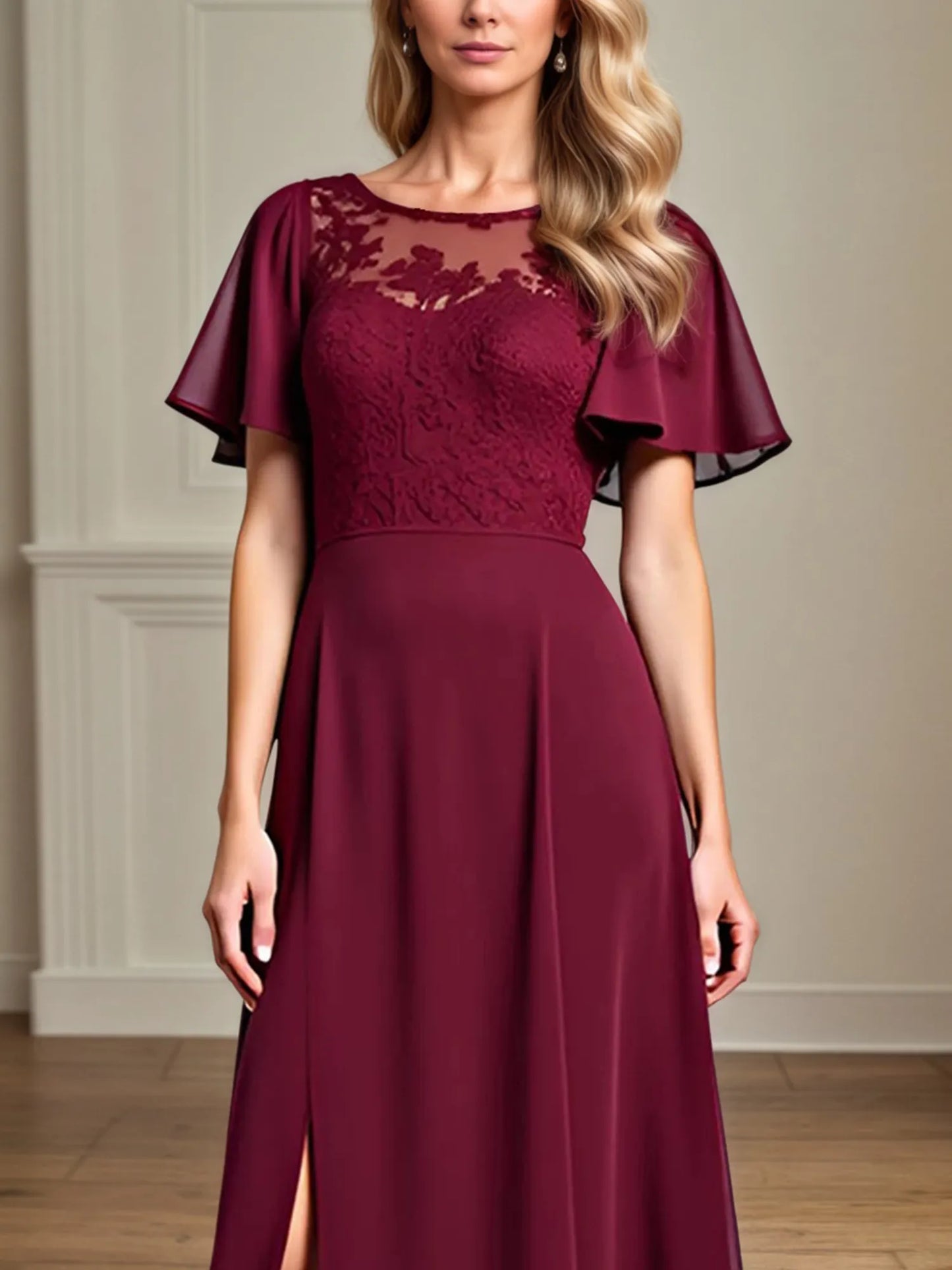 A Line Scoop Neck Short Sleeve Chiffon Mother of the Bride Dress