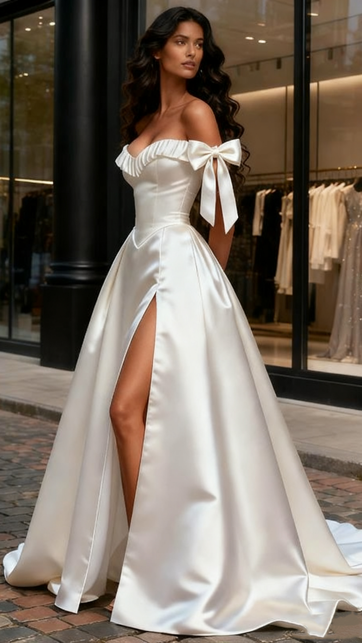 Ruched A Line Satin Off The Shoulder Wedding Dress With Slit