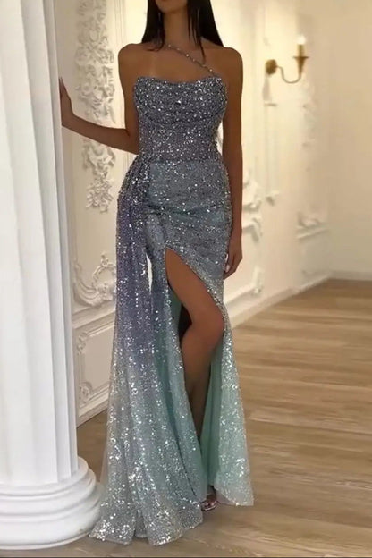 Luxury Blue One Shoulder Evening Dress with Overskirt