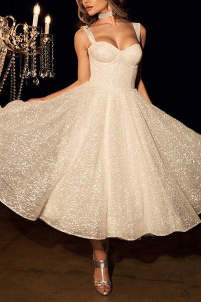 Bling A Line Sweetheart Ivory Sequins Tea Length Bridal Dress