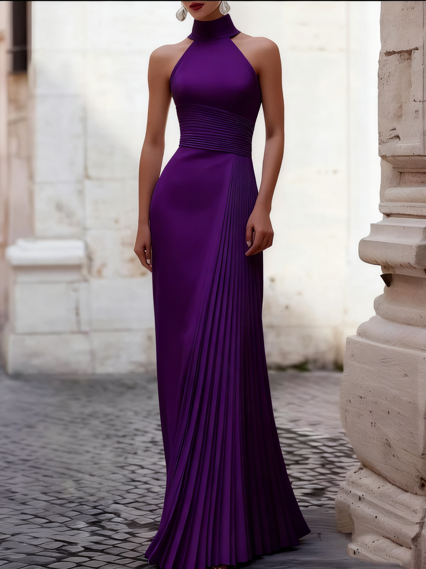 Halter-Neck Sleeveless Satin Pleated Floor-Length Evening Dress