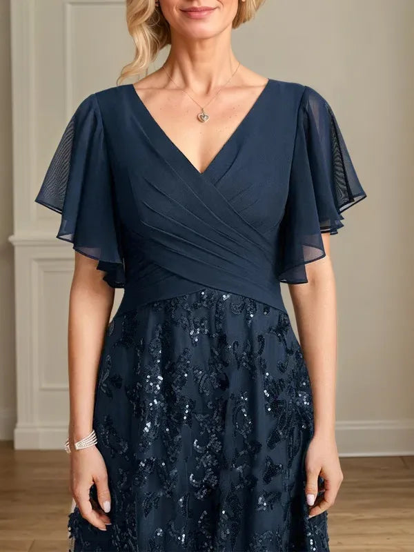 A Line V Neck Short Sleeve Chiffon Mother of the Bride Dress