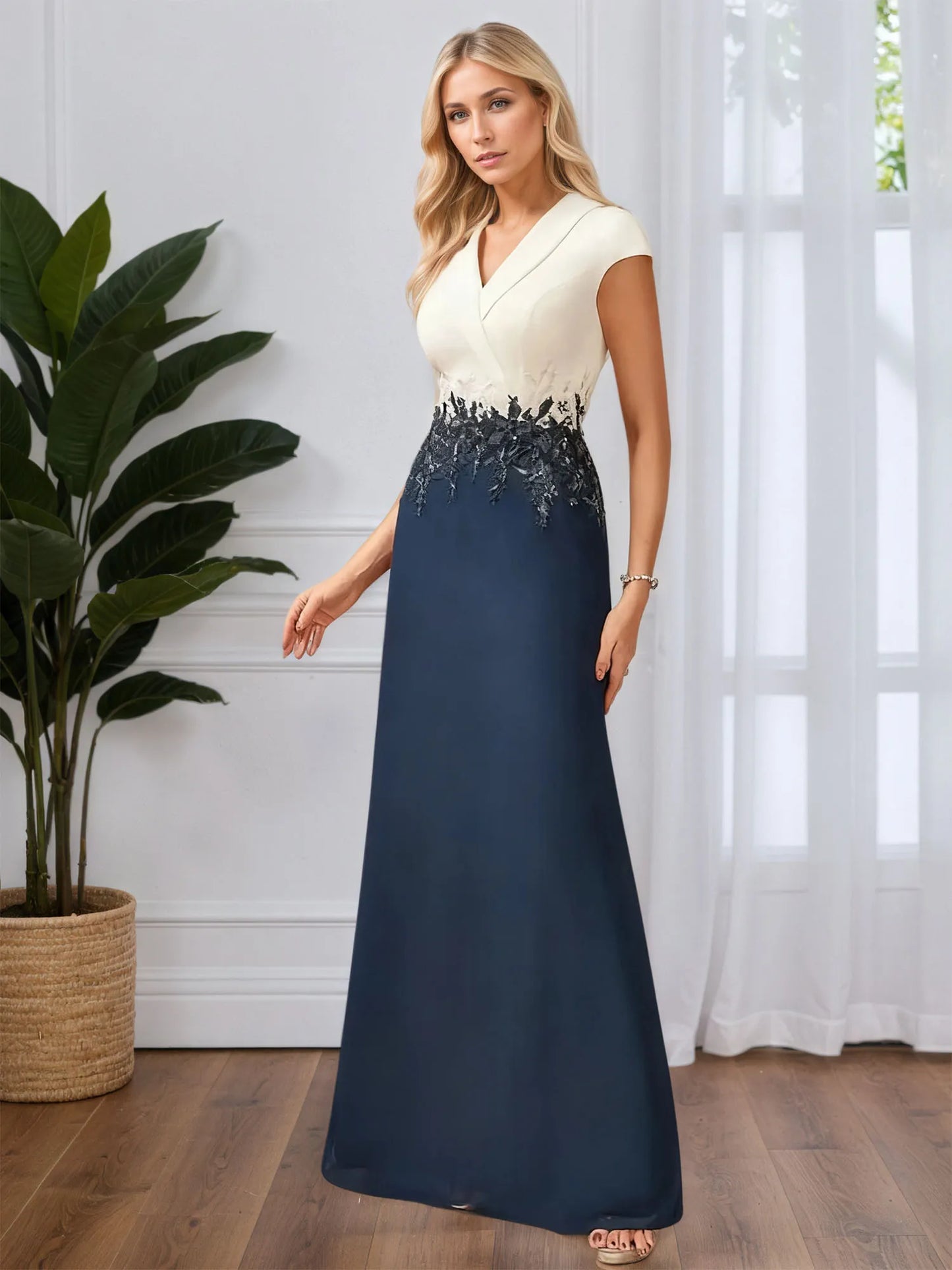 A-line V Neck Floor-Length Chiffon Evening Dress With Lace Appliques