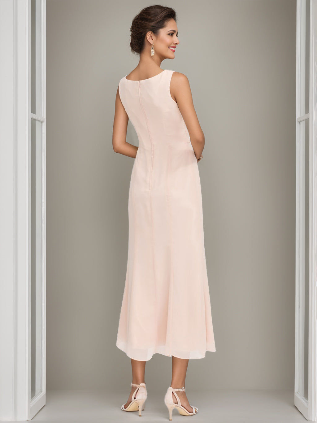 Column Jewel Neck Tea Length Mother of the Bride Dress