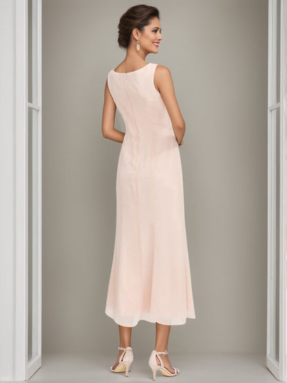 Column Jewel Neck Tea Length Mother of the Bride Dress