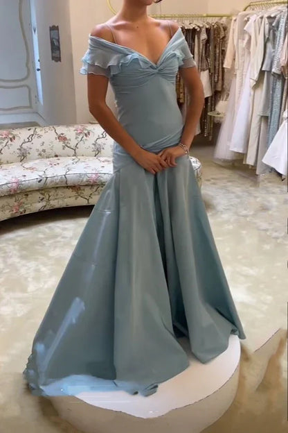 A Line Off the Shoulder Grey Blue Long Party Dress