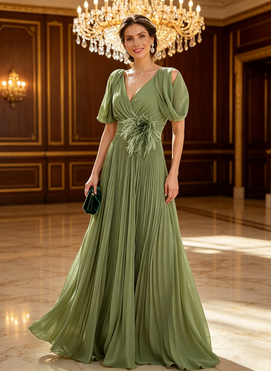 Elegant Olive Green V-Neck Pleated Chiffon A-Line Gown