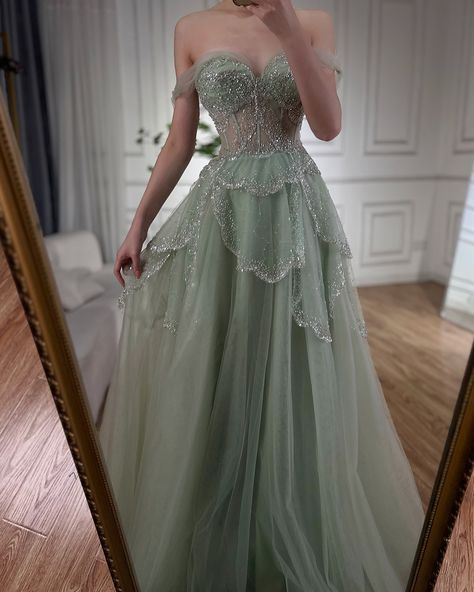 Sage Green A-Line Off The Shoulder Tulle Beaded Evening Dress