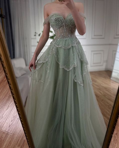 Sage Green A-Line Off The Shoulder Tulle Beaded Evening Dress