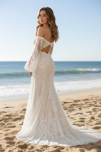 Off the Shoulder White Champagne Mermaid Lace Wedding Dress
