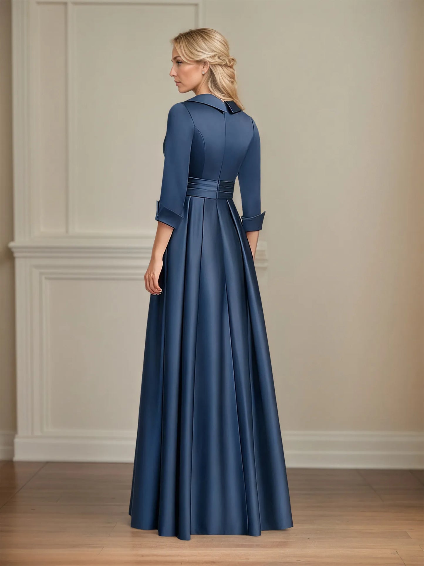 A-line V-Neck Collared Floor-Length Satin Mother of the Bride Dress