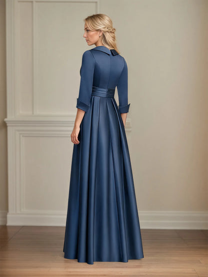 A-line V-Neck Collared Floor-Length Satin Mother of the Bride Dress