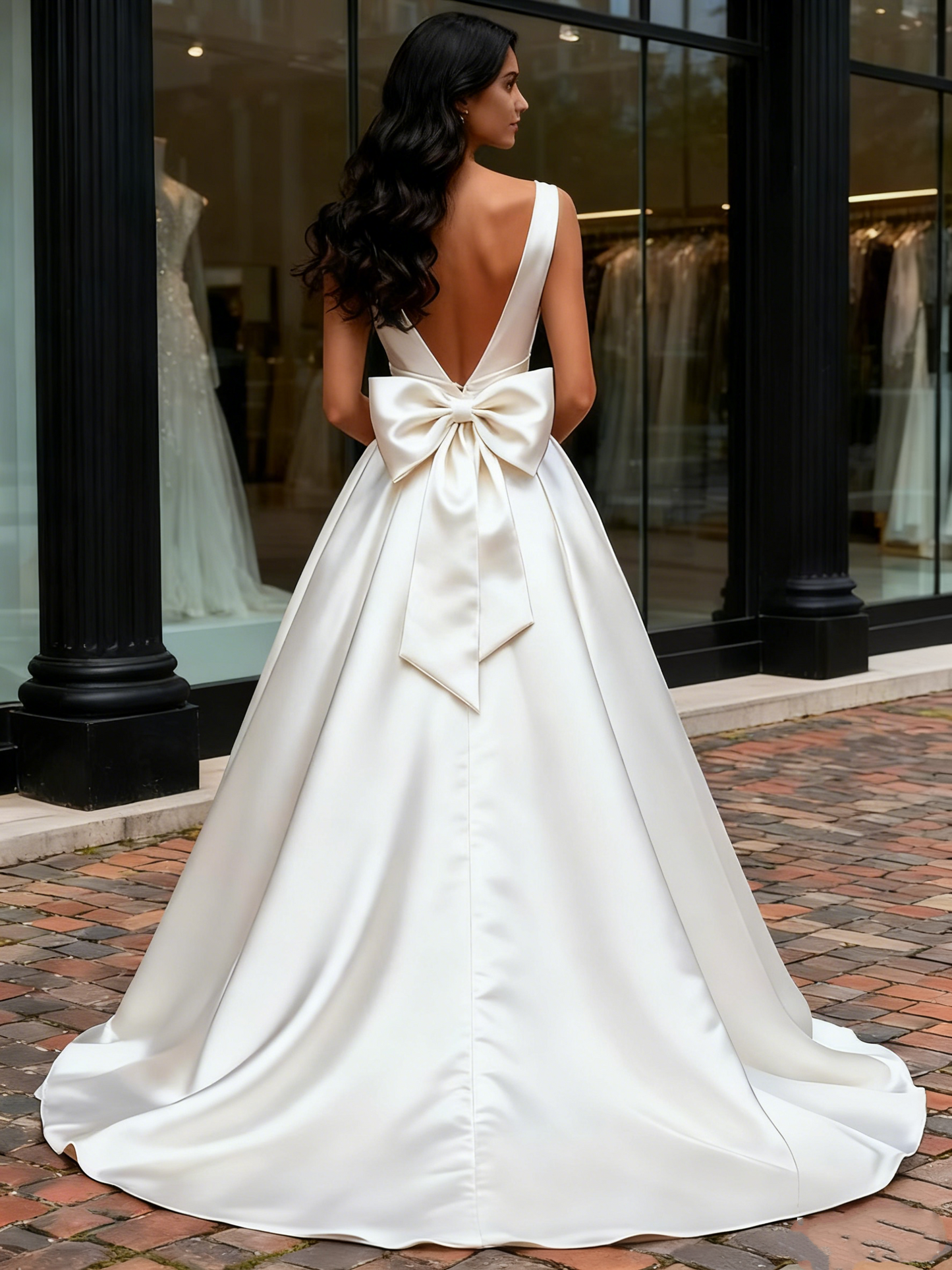 Bowknot A Line Sleeveless V Neck Satin Wedding Dress