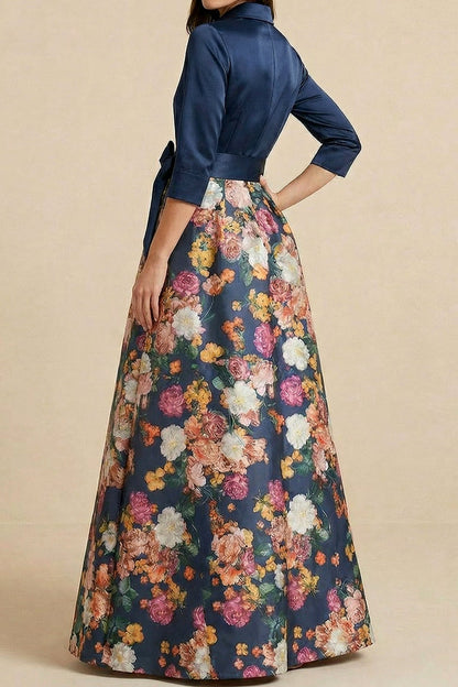 A-Line Collared 3/4-Sleeves Print-Satin Formal Cocktail Dress