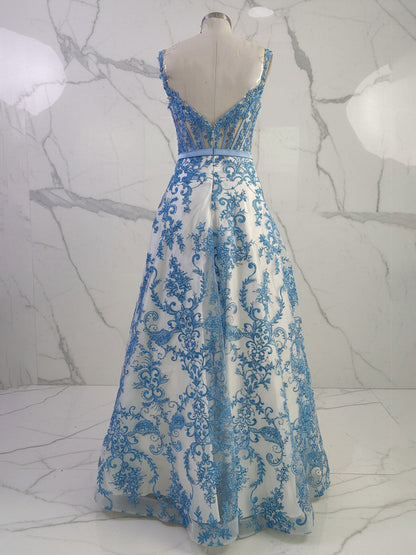 Blue Floral Baroque Lace Corset Long Prom Dress