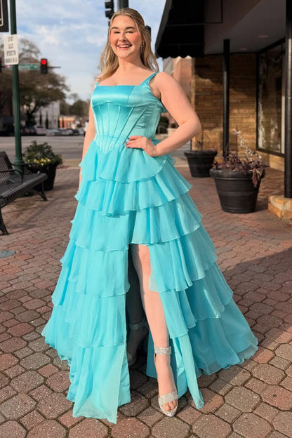 A-Line Square Neck Ruffle Tiered Chiffon Prom Dress