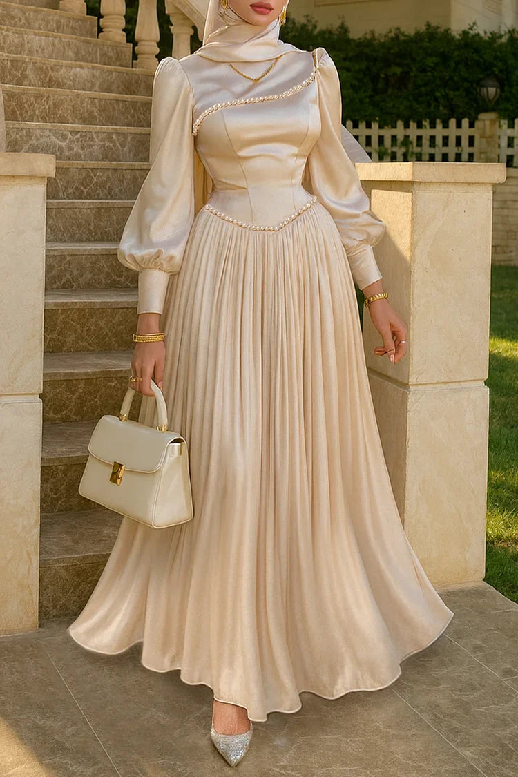 Pearl Decor Lantern Sleeve Cinch Waist Party Maxi Dresses