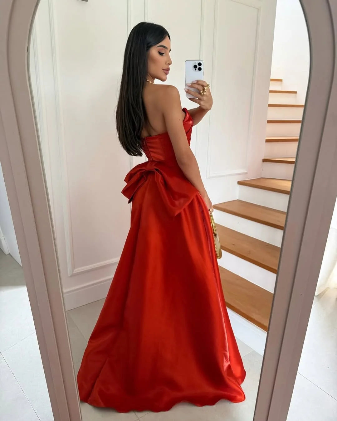 Dark Orange Asymmetric Neckline A-Line Prom Dress With Bow ZT0764