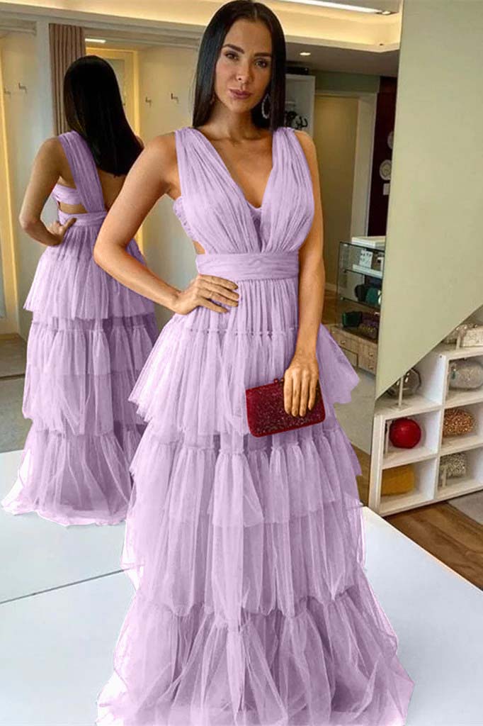 Sleeveless Long Pleated A-Line Prom Dress With Ruffles