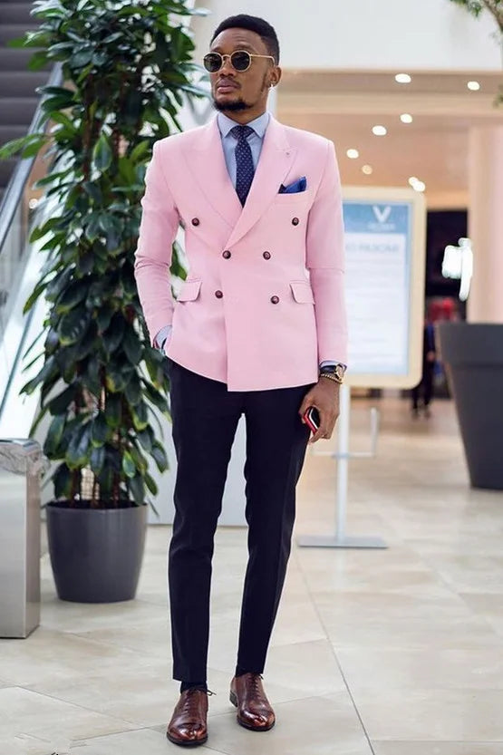 Simple Double Breasted Pink Peaked Lapel Prom Attire For Men