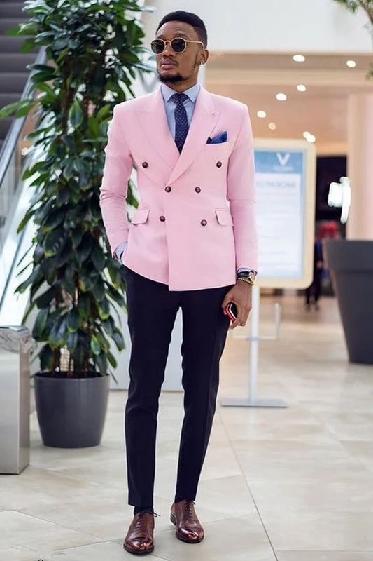 Simple Double Breasted Pink Peaked Lapel Prom Attire For Men