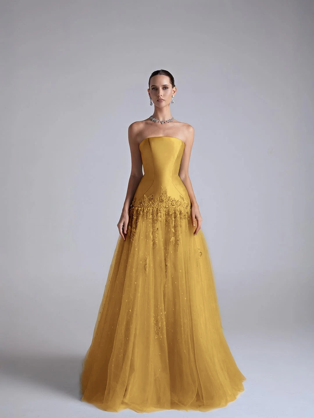 Strapless Sleeveless Long Pleated A-Line Prom Dress With Flower Appliqués