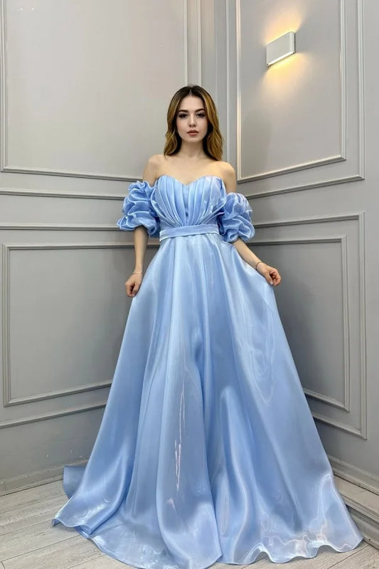 Blue Off-The-Shoulder Bright Tulle Long Prom Dress