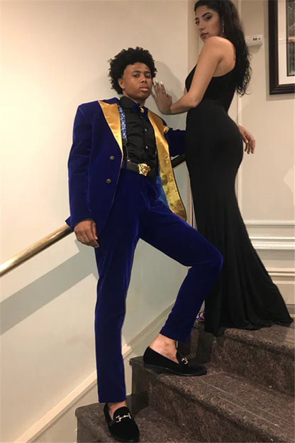 Fashion 2 Pieces Royal Blue Best Evening Suits With Velvet For Sale
