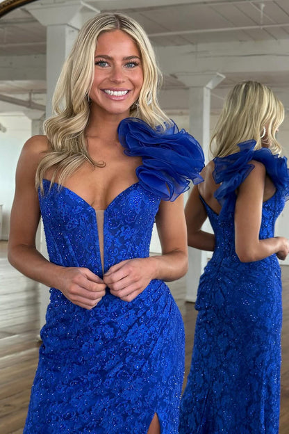 Mermaid One Shoulder Royal Blue Lace Long Prom Dress