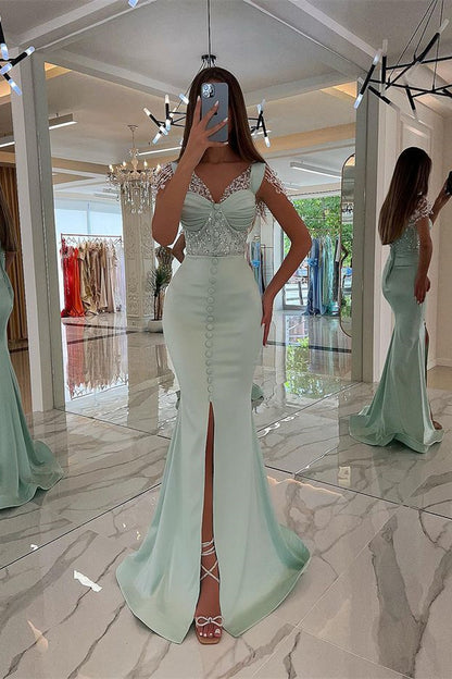 Amazing Cap Sleeves Prom Dress Long Front Slit WIth Buttons Beads