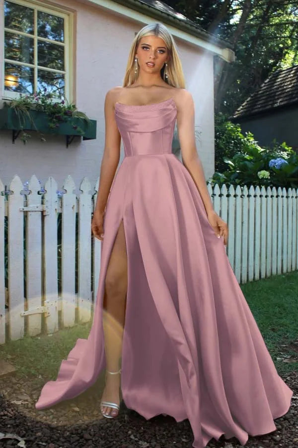 Candy Pink Split A-Line Prom Dress With Pockets