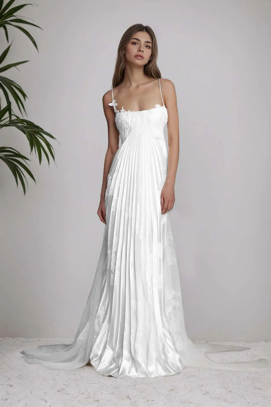 Stunning Spaghetti-Straps Pleated Sheath Appliques Prom Dress With Detachable Train