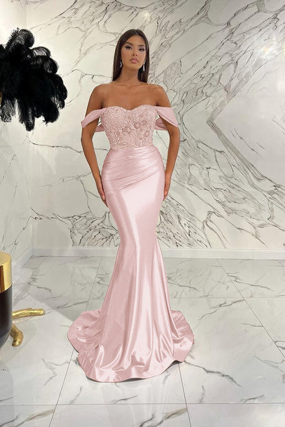 Gorgeous Off the Shoulder Prom Dress Mermaid Sequined Evening Formal Dress With Beading Pleated