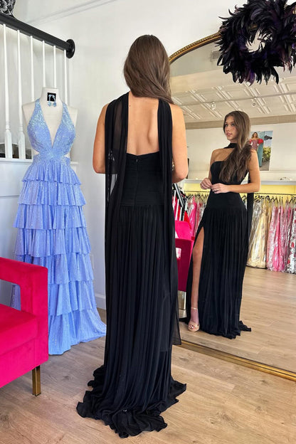 Cute Sheath Strapless Black Chiffon Prom Dress with Slit