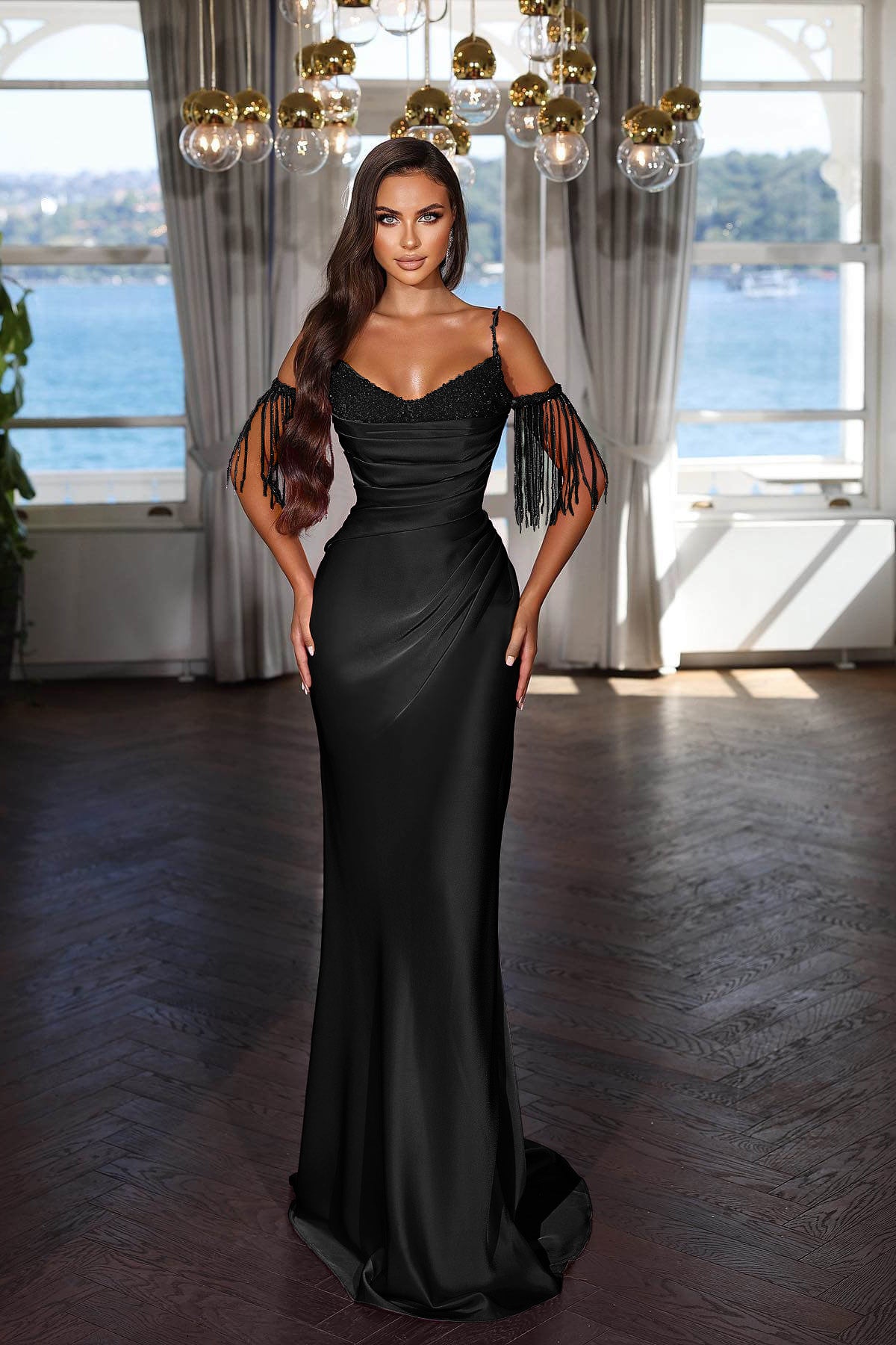 Charming Fuchsia Prom Dress Spaghetti Strap With Pleated Tassel Sequins