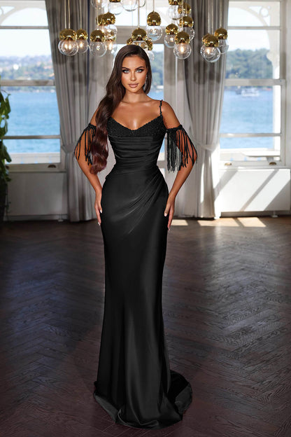 Charming Fuchsia Prom Dress Spaghetti Strap With Pleated Tassel Sequins