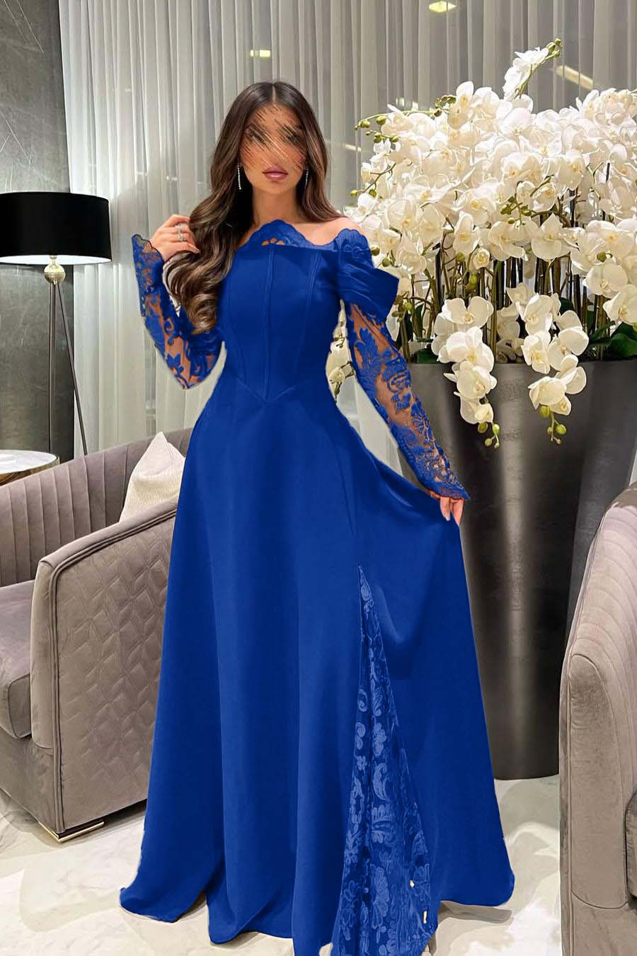 Off the Shoulder Long Sleeves Long Prom Dress With Appliques
