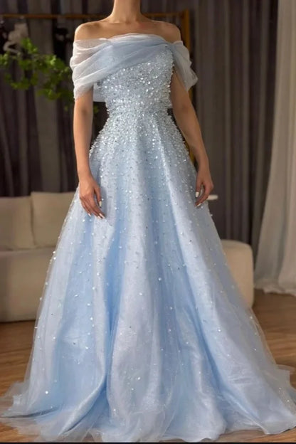Sky Blue Off-The-Shoulder Sequins A-Line Prom Dress