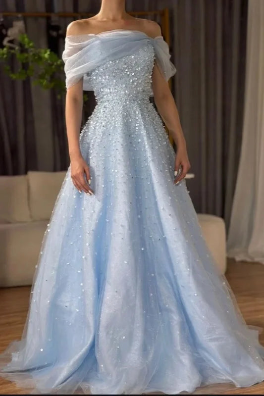Sky Blue Off-The-Shoulder Sequins A-Line Prom Dress
